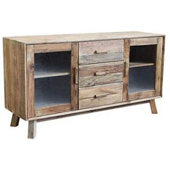 Credenza Comodino Stile Moderno in Legno Pino, 3 Cassetti e 4 Ripiani, 160x85x48 cm