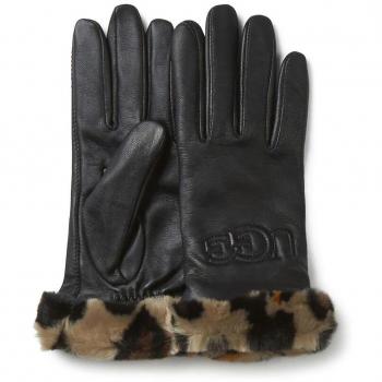 Guantes en Piel Sintética con Diseño Logo UGG y Cuff de Faux Fur, Color Negro, Talla Pequeña