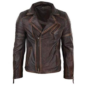 Men’s Brando Slim Cross‑Zip Genuine Leather Jacket – Brown, Small