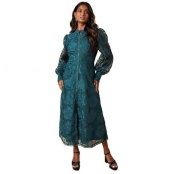 Midnight Tide Premium Organza Midi Dress with Lace Detail