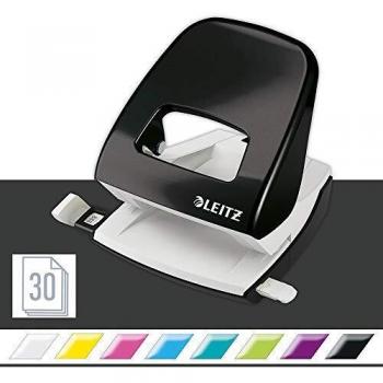 Leitz Büro Locher aus Metall, Für 30 Blatt, Anschlagschiene mit Formatvorgaben, Ergonomisches Design, schwarz, WOW-Serie, 50081095
