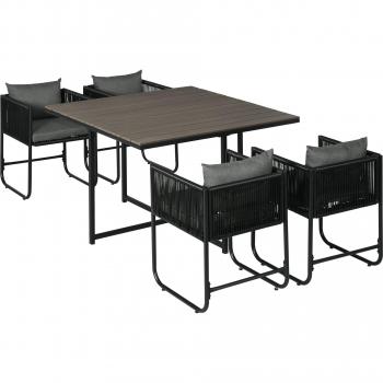 Set Tavolino e Sedie da Giardino 5pz in Rattan e Acciaio Nero e Grigio