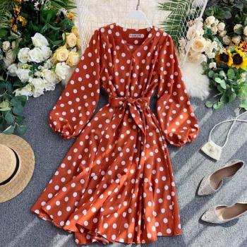 Fall Women's Green Polka Dot Midi Dress with Long Sleeves