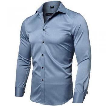 INFLATION Men's Slim Fit Bamboo Dress Shirt Long Sleeve Casual Button Down Blue