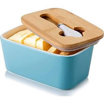 Porcelain Butter Dish with Knife & Wooden Lid