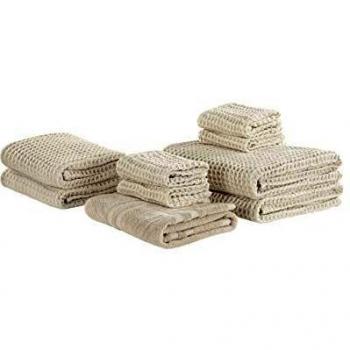 BELIANI 9-Piece Beige Cotton Towel Set with Bath Mat