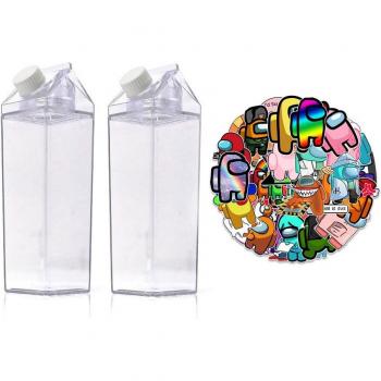 Botella de agua de cartón para mujer, estilo leche, 17oz/34oz, 2 cajas cuadradas transparentes sin BPA con 50 pegatinas