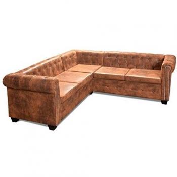 Chesterfield Corner Sofa 5-Seater Brown Artificial Leather