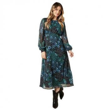 Black Patchwork Floral Shirred-Cuff Midi Gown – 16