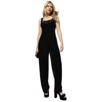 Women's DP Luxe Velvet Jumpsuit – Pearl Accents, Square Neck, Black, 14 EU