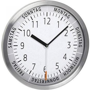 TFA Dostmann Analoge Wanduhr mit Wochentag, Aluminium, Weiß