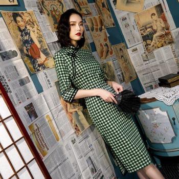 Damen‑Cheongsam aus elastischer Baumwolle – Kurzarm Veste, Plaid‑Motiv, Stehkragen – Plusgröße 3XL