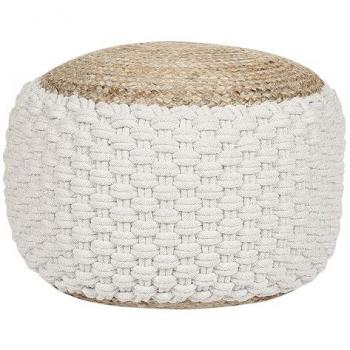 Pouf blanc et beige en coton tricoté 50 cm