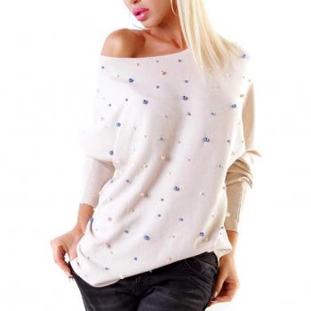F&B Fledermaus-Pullover aus Feinstrick mit dekorativen Perlen und Schleife, Einheitsgröße