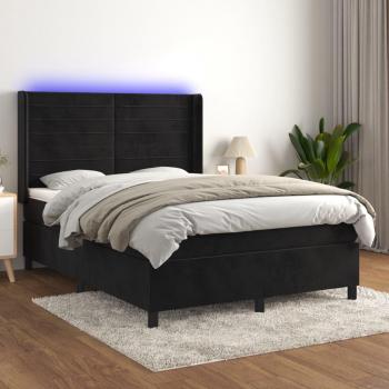 Cama Box Spring con Colchón y LED Negro 140x200 cm en Terciopelo