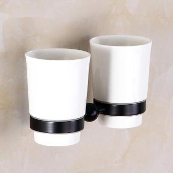 Soporte de cepillo de dientes de cerámica, doble taza y ganchos de latón antiguo