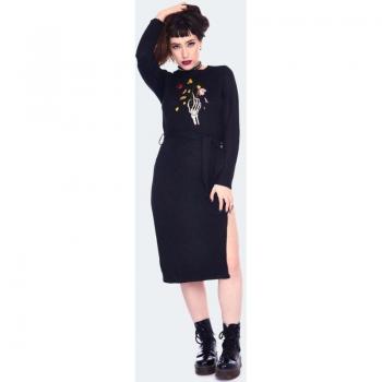 Robe mi-longue « Dead Flowers » Jawbreaker – Tricot brodé, couleur noire, tailles XS à XXL