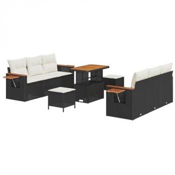 Colección Sofás de Exterior 9 piezas con cojines negros Poliratán Acacia