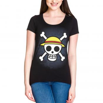 Jersey‑T-Shirt mit schwarzem Schädel und Karte – Damen, M