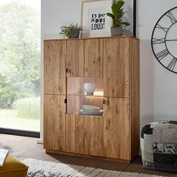 WELLINGTON-69 Highboard 110 cm mit LED-Beleuchtung in Wildeiche massiv geölt, 3 Softclose-Türen