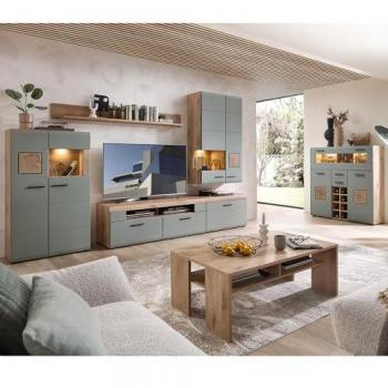 LOMADOX Wohnwand FARO-36-REED Modern in Eiche mit Schilfgrün 7-teilig mit Couchtisch und Beleuchtung