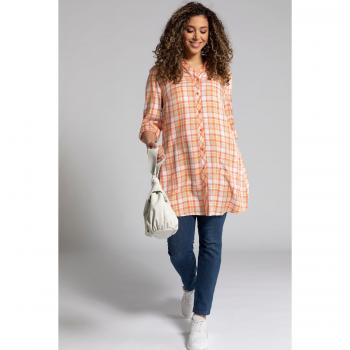 Blusa a quadri per taglie forti, lunga, arancione, maniche lunghe, polsini colorati, viscosa, taglia 60/62