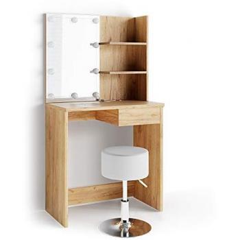 Coiffeuse Dekos, Chêne doré, 75 cm avec éclairage LED et tabouret