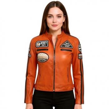 Infinity Leather Damenbikerjacke Orange Leder, Rennabzeichen, EU 40 / UK 12