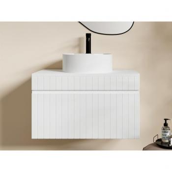 Espace Doux – Meuble de Salle de Bain Suspendu, Strié Blanc, Vasque Ronde, 80 cm