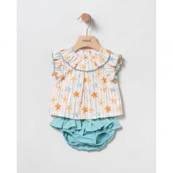 Conjunto de bebé niña con blusa de rayas y bloomer azul