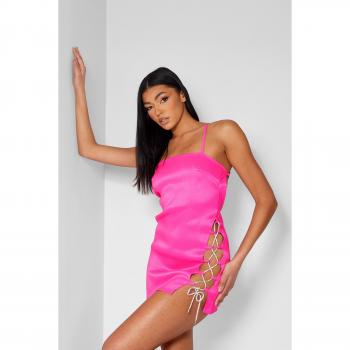 Rhinestone Detail Rope Square Neck Mini Dress in Pink Size 4