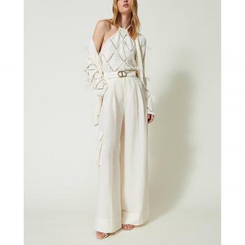 Pantalón de mujer en lona Twinset, pernera ancha, color marfil