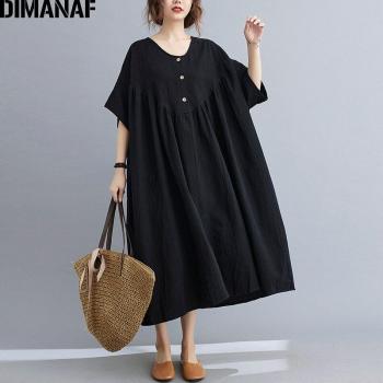 DIMANAF Plus Size Geplooide Zonnejurk Dames 5XL 6XL Casual Katoen