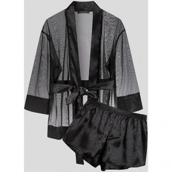 Men's Sexy Open Stitch Leopard Bathrobe & Shorts Set