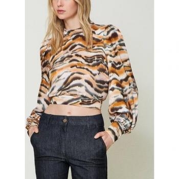 Cropped Blusa Twinset in raso, Stampa Tigre Arancio/Nero, Taglia 42