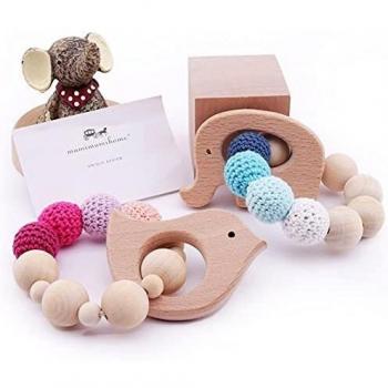 Mamimami Home 2er Baby Holzbeißring Set Organisch umweltfreundlich Holz Elefant Vogel geformt