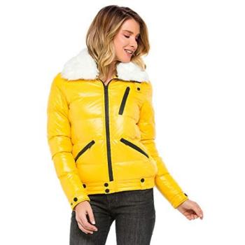 CIPO & BAXX Damen Winterjacke XL Gelb – Kunstfellkragen – Polyamidstoff – Unifarben – Regular Fit – WM108