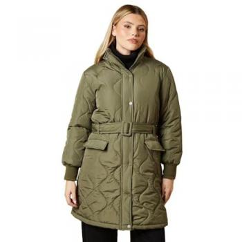Khaki Womens Self Buttoned Quilted Puffer Midi Coat