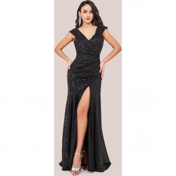 Goddiva Bardot Maxi Dress with Sequins – Black Edition