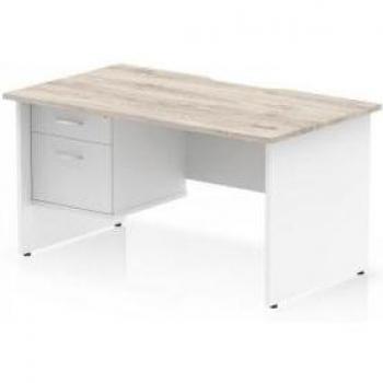 Impulse 1400x800 Grey Oak Scalloped Desk – White Panel End, 2‑Drawer Pedestal