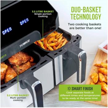 Tower Vortex Eco Dual Basket Air Fryer with 5.2L and 3.3L Capacity, Touch Screen, Grey or Black