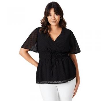 Plus Size Women's Black Dobby Chiffon Wrap Top