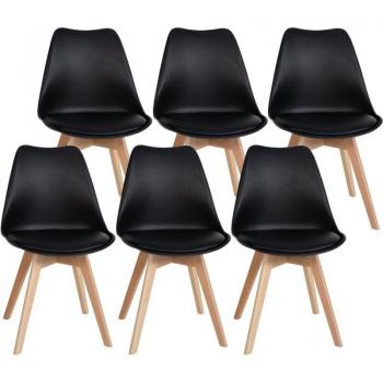 Set de 6 chaises de cuisine en PVC noir avec cadre en bois