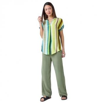 Green Tie Dye V-Neck Pleat Detail Top for Women