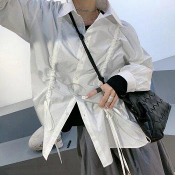 XITAO Women's Plus Size Drawstring Pleated Long Sleeve Blouse