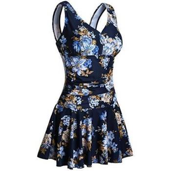 Mujer Traje de Baño Monokini con Falda Talla Grande Azul/Flores L