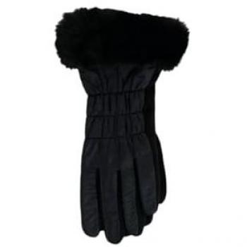 Damen Winterhandschuhe in Schwarz – Nylon & Suede, Fingerhandschuh mit Kunstfell