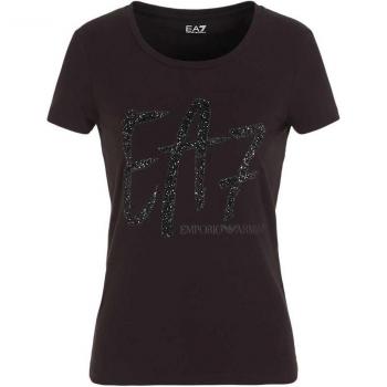 Blusa Corta Manga Negra con Logo EA7 y Detalles de Cristal