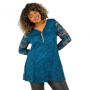 Curve Zip Front Lace Stretch Top – Roman Collection, Teal