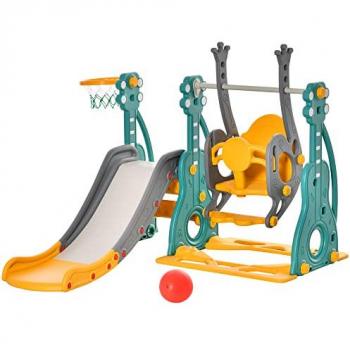 HOMCOM 3-IN-1 Kids Swing and Slide Set Adjustable Seat Height Toddler Playground Activity Center Indoor and Outdoor Play Equipment